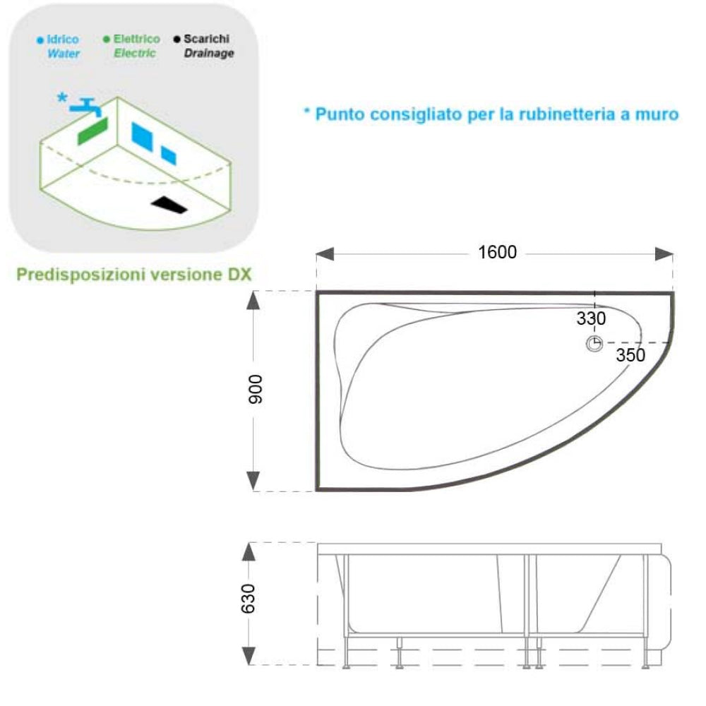 Vasca Idromassaggio asimmetrica Fatima in acrilico e Abs cm 160x90- Versione Destra