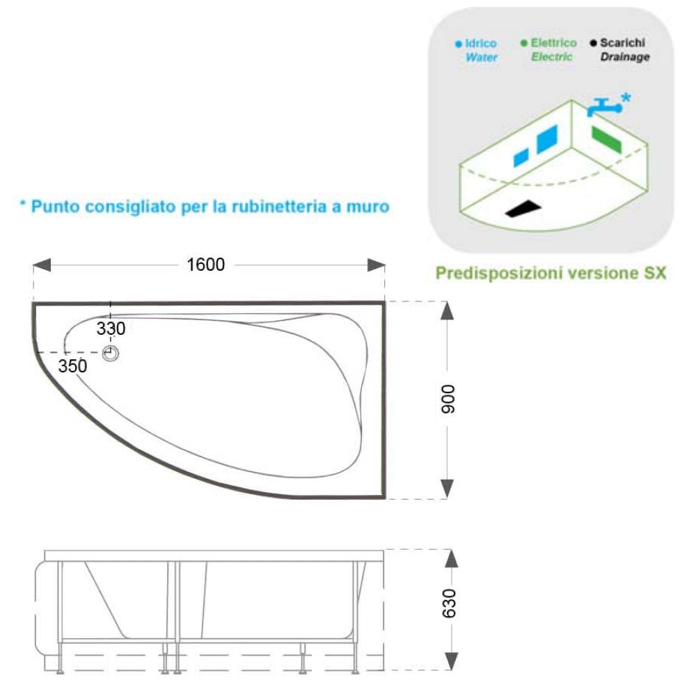 Vasca Idromassaggio asimmetrica Fatima con cromoterapia cm 160x90- Versione Sinistra