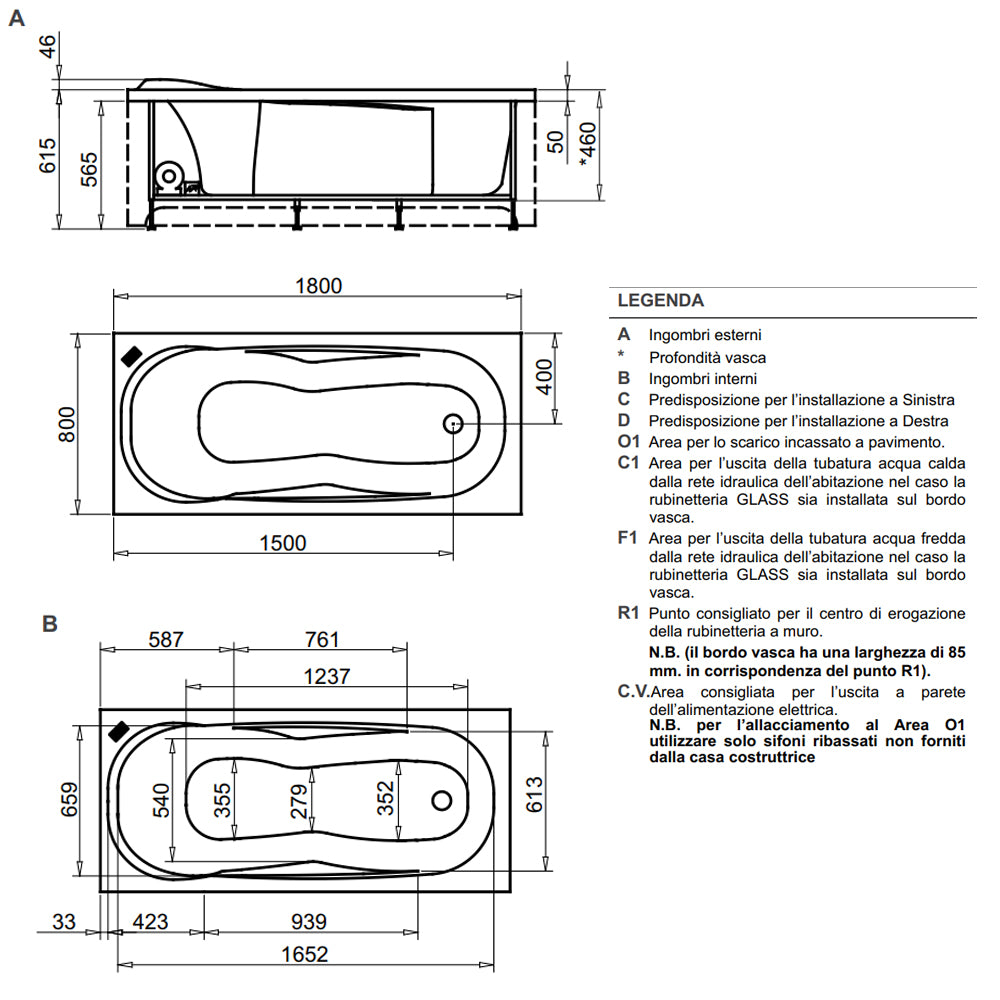 Vasca Bagno rettangolare Diamond in acrilico e Abs cm 180x80