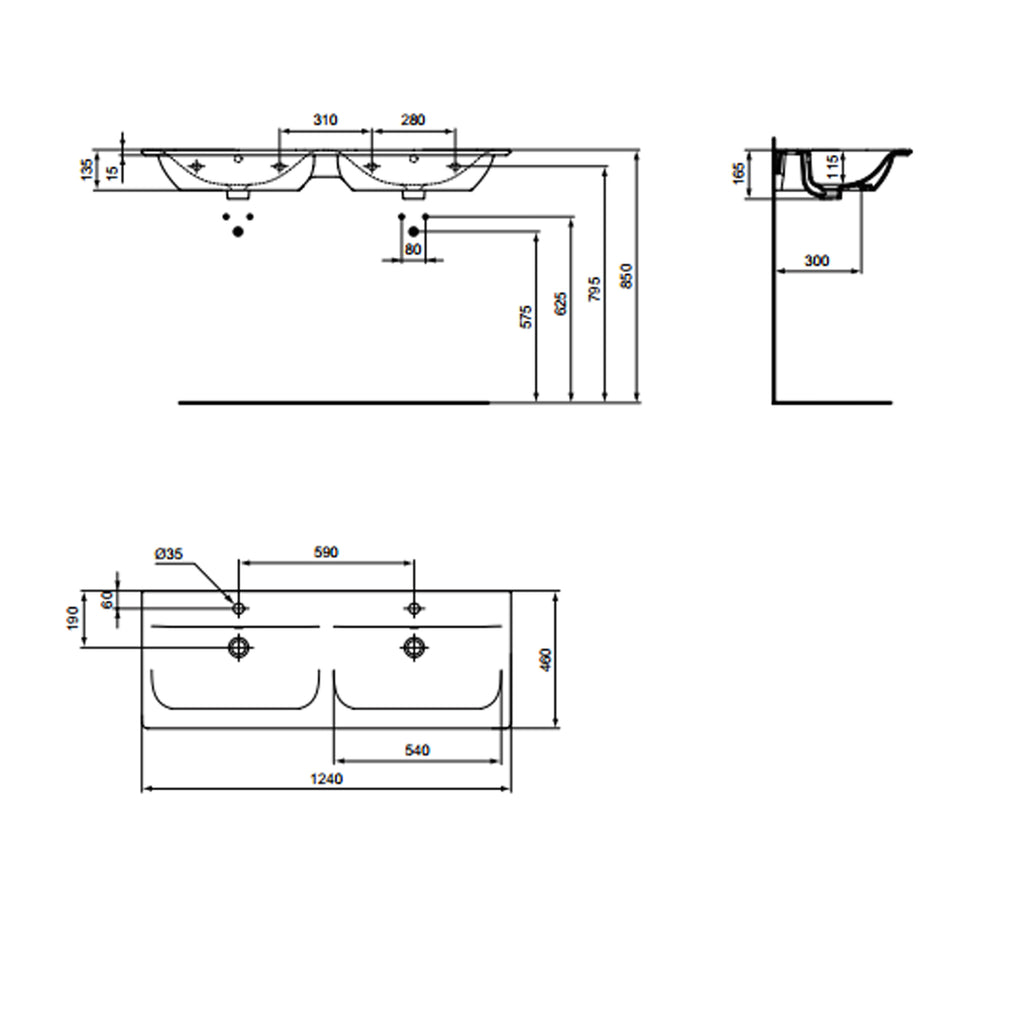 Lavabo sospeso da 124 cm con doppia vasca Ideal Standard Connect AIR