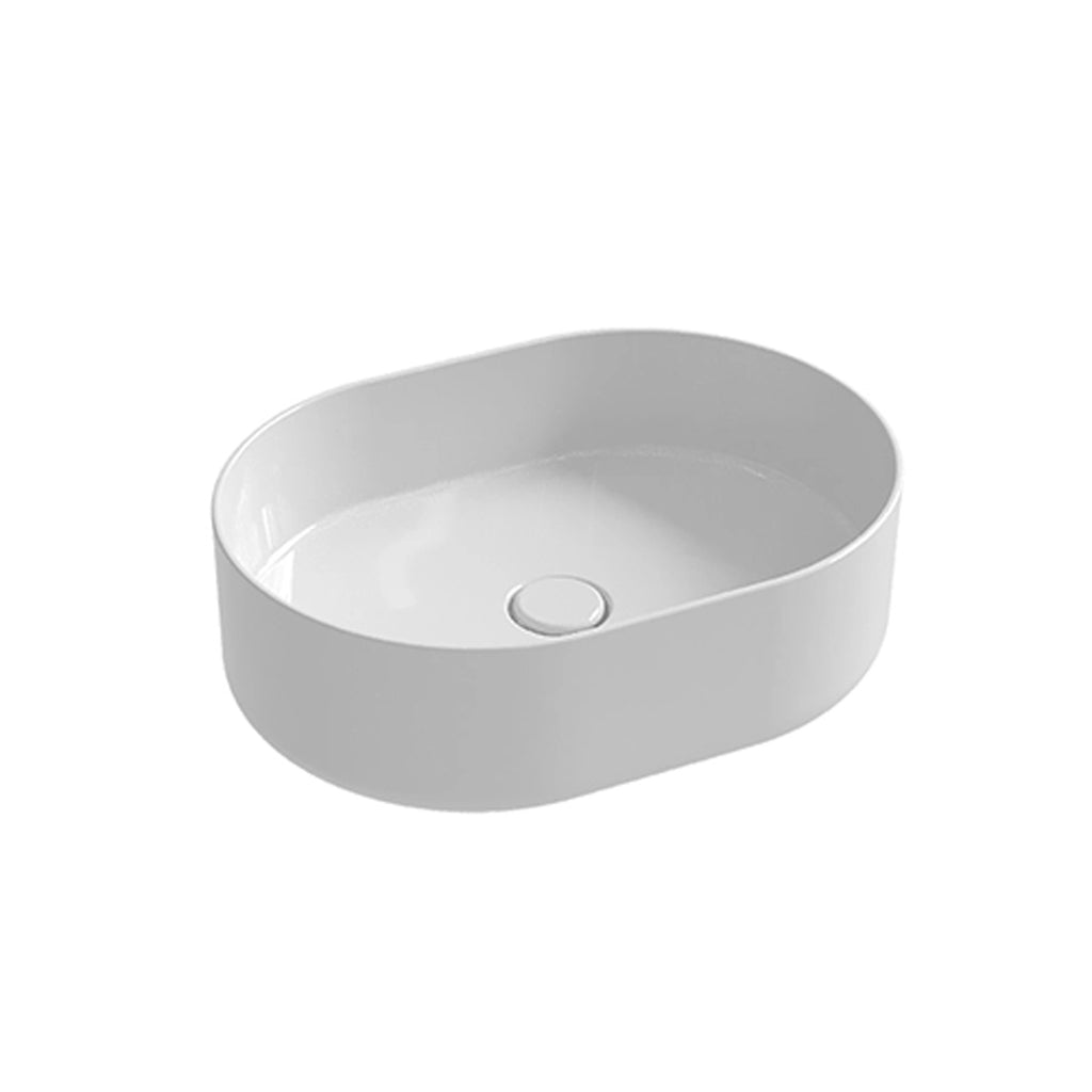 Lavabo tondo Azzurra serie Aurea 55x40x17 cm con colonna e piano portaoggetti - Bianco lucido