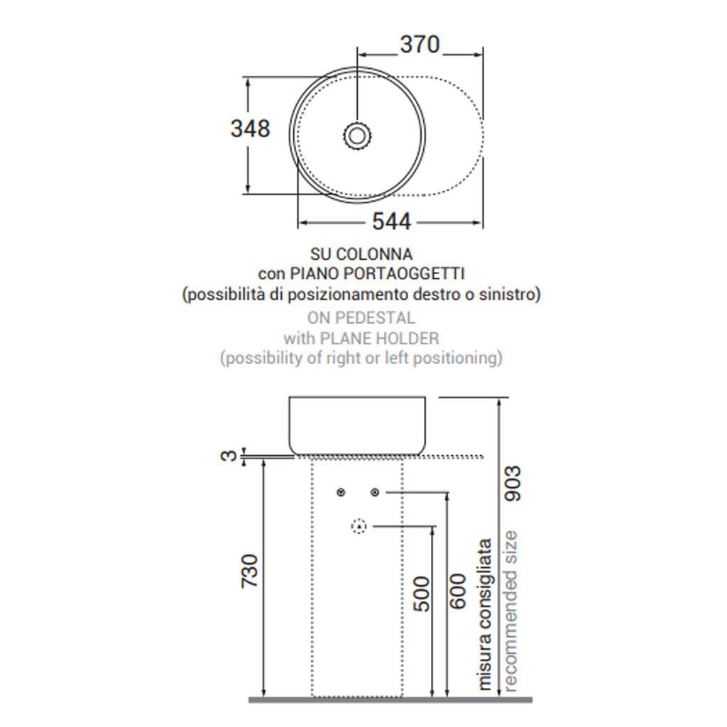 Lavabo rotondo Azzurra serie Aurea 40x40x17 cm con colonna e piano portaoggetti - Bianco lucido
