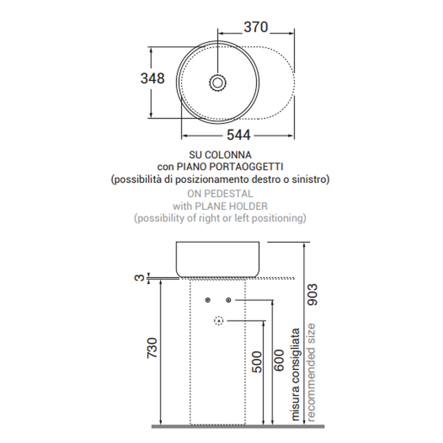 Lavabo rotondo Azzurra serie Aurea 40x40x17 cm con colonna e piano portaoggetti - Bianco lucido