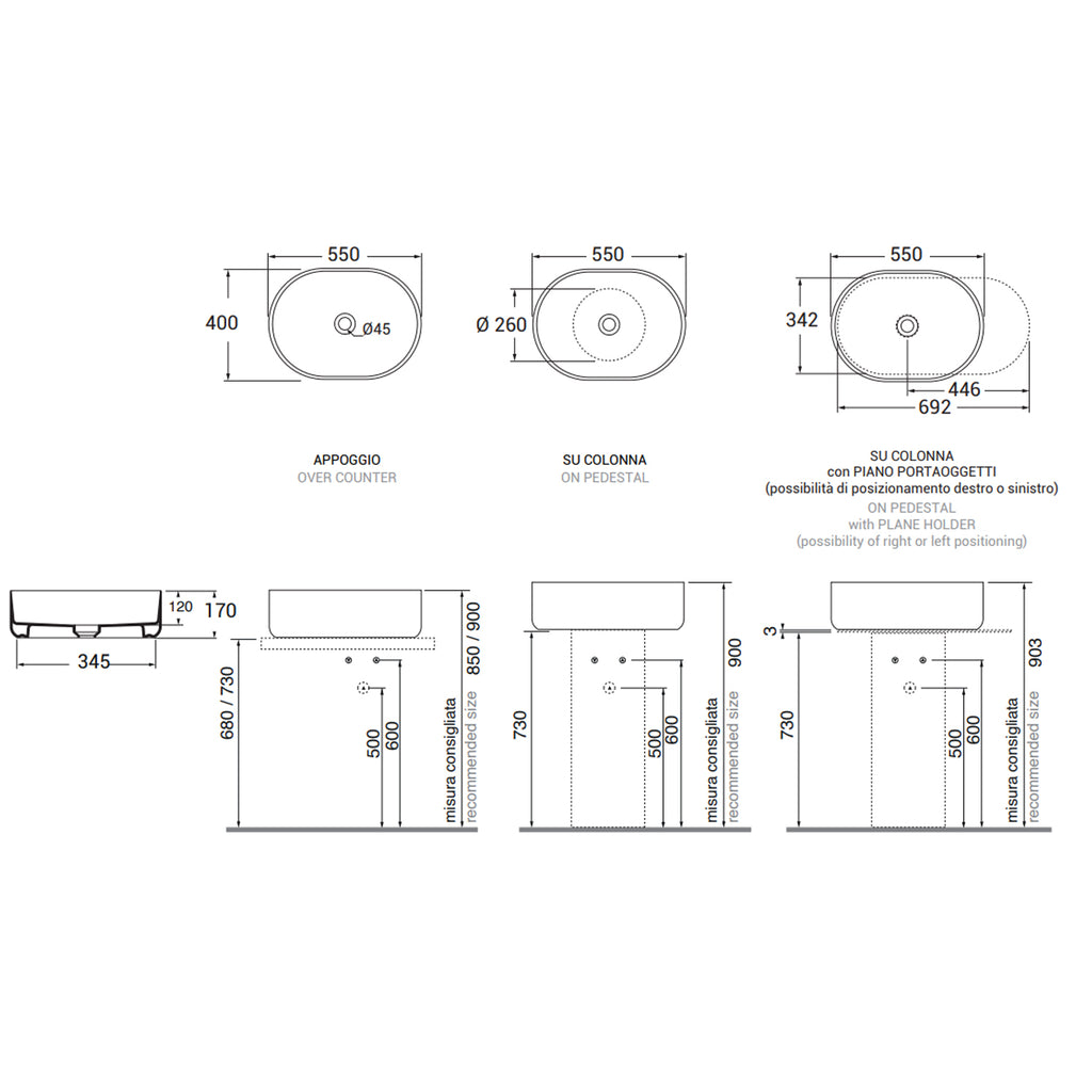 Lavabo rotondo Azzurra serie Aurea 55x40x17 cm - Bianco lucido