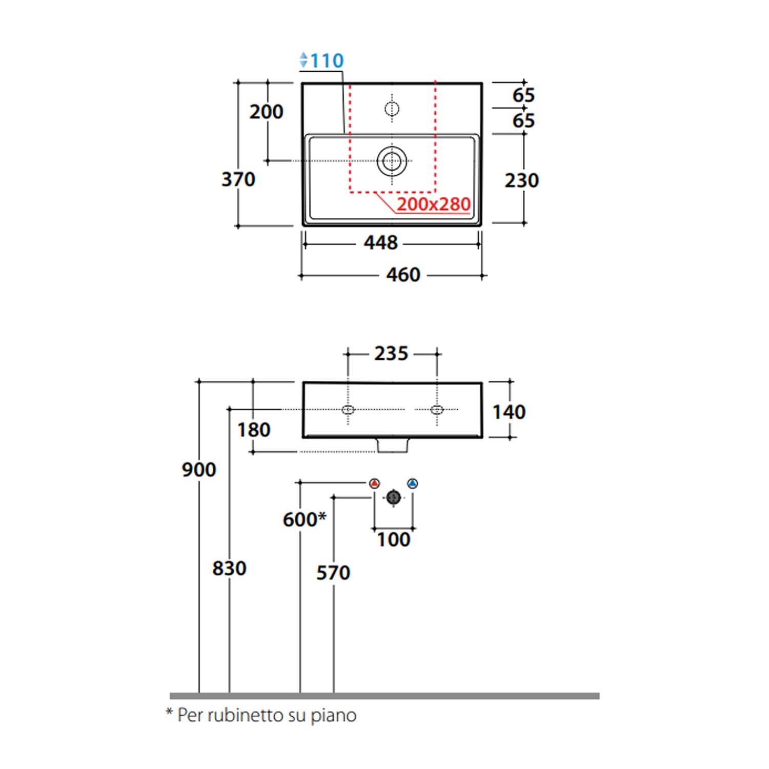 Lavabo da appoggio T-Edge 46x37 cm Ceramica Globo - Bianco lucido