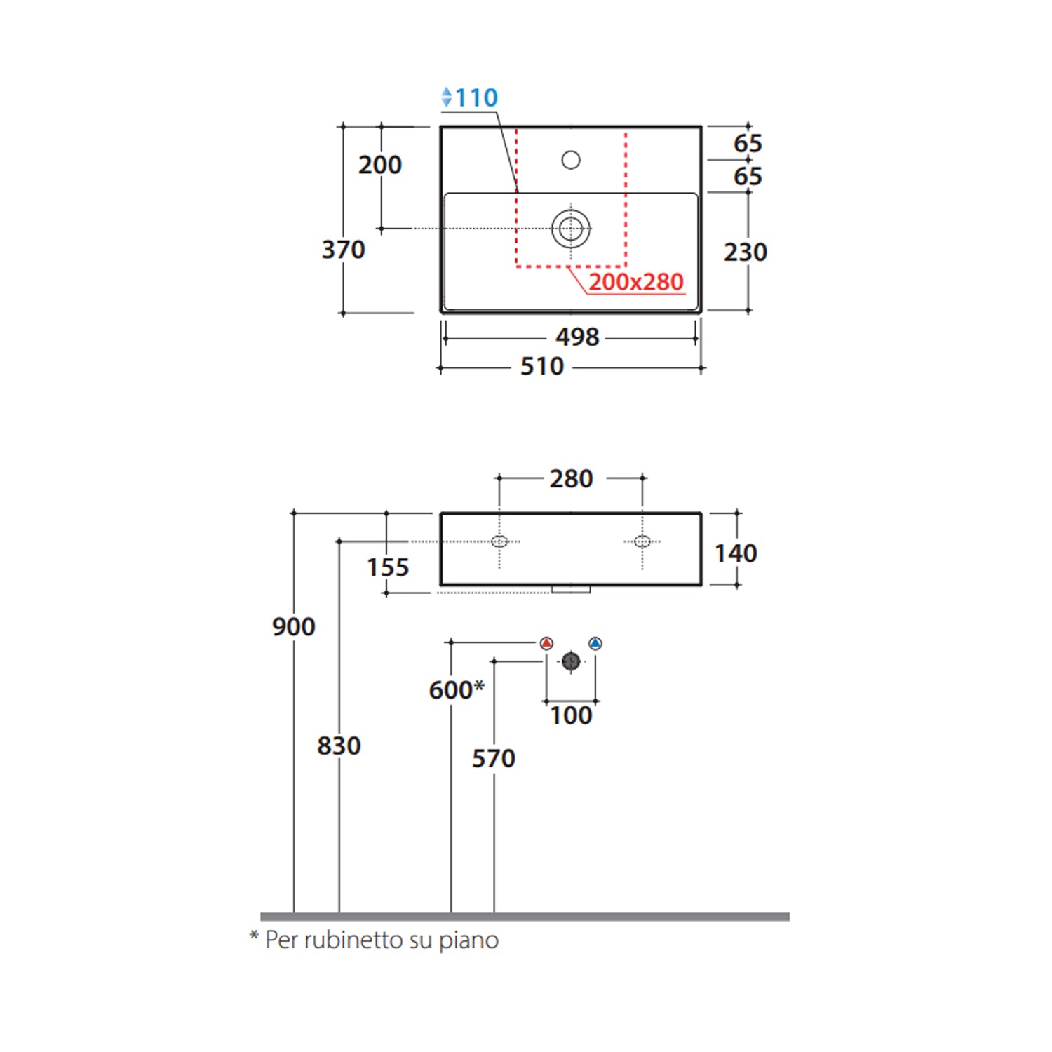 Lavabo da appoggio o sospeso T-Edge 51x37 cm Ceramica Globo - Bianco lucido