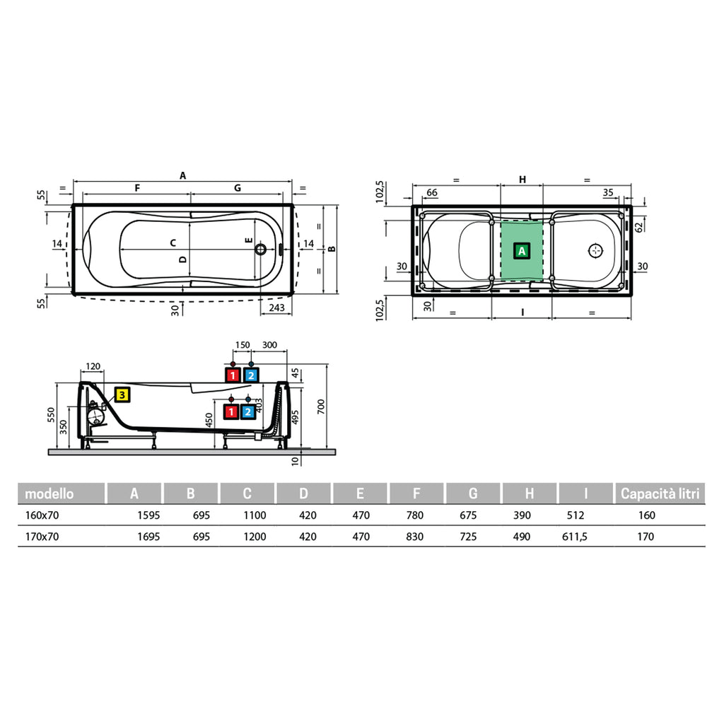 Vasca da bagno rettangolare idromassaggio modello Marea cm 170x70