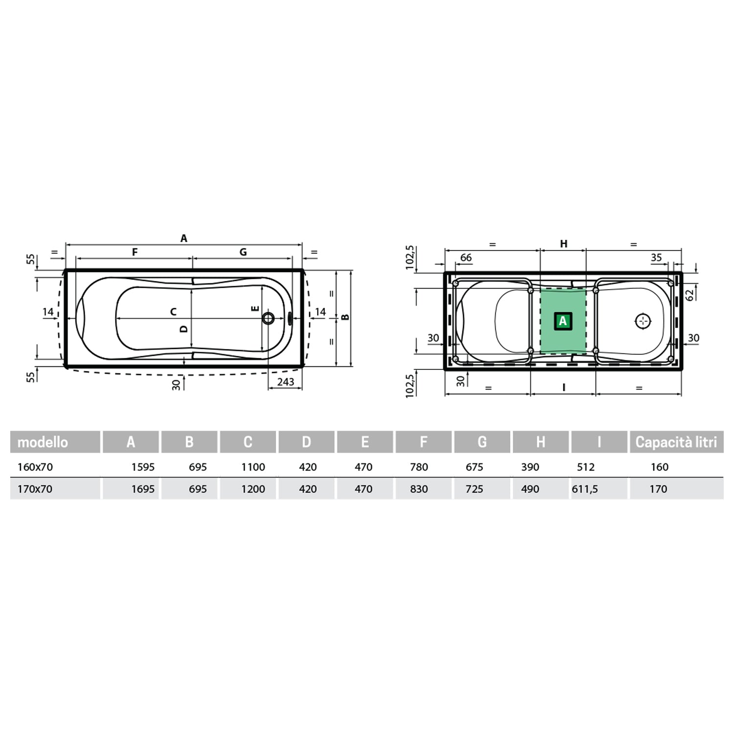 Vasca da bagno rettangolare modello Ninfa cm 170x70