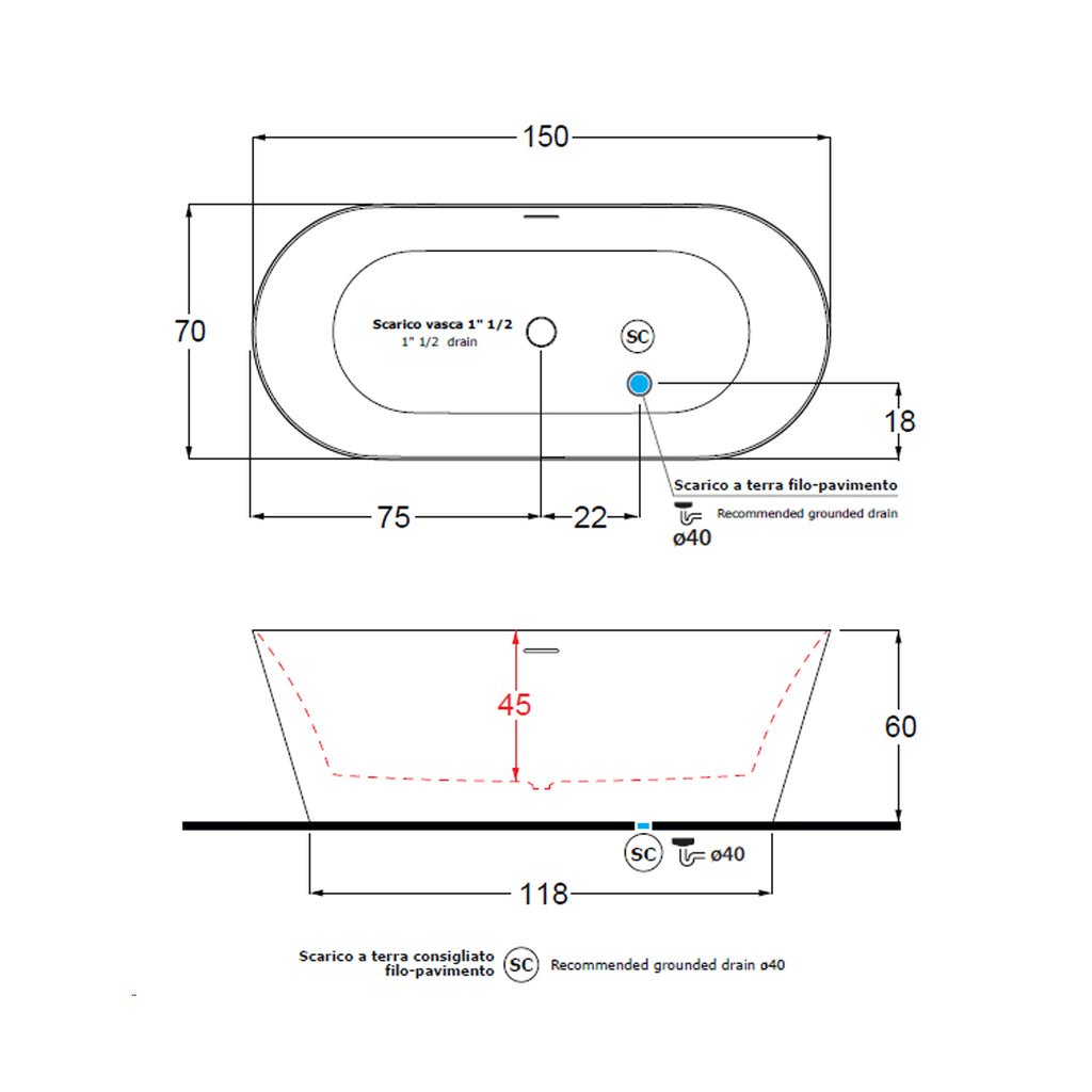 Vasca da bagno modello Inka 180x80cm in acrilico bianco opaco