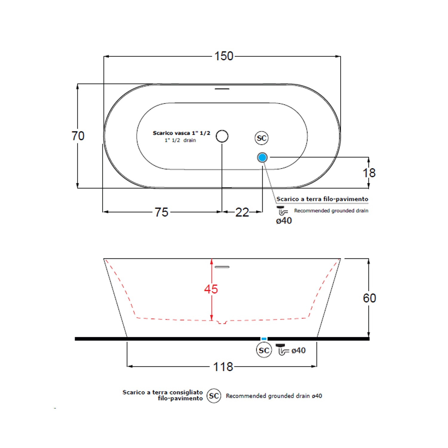 Vasca da bagno modello Inka 180x80cm in acrilico bianco opaco
