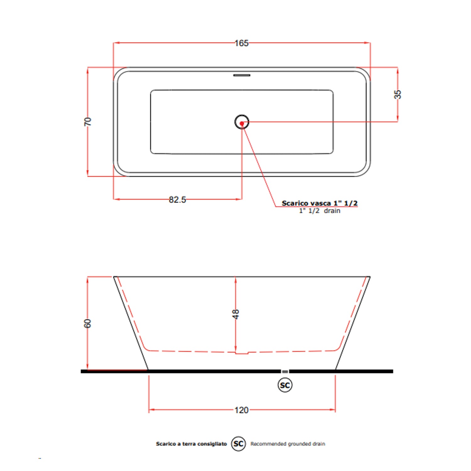 Vasca da bagno modello Viva 165x70cm in solid surface bianco opaco