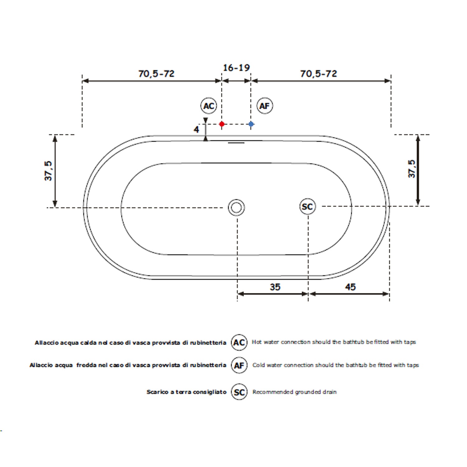 Vasca da bagno modello Clivia 170x80cm in solid surface bianco opaco
