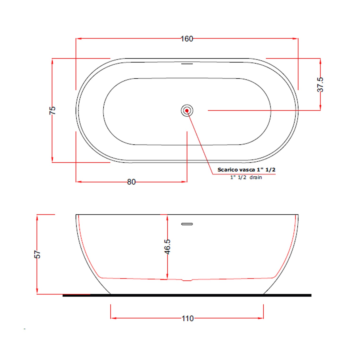 Vasca da bagno modello Clivia 170x80cm in solid surface bianco opaco