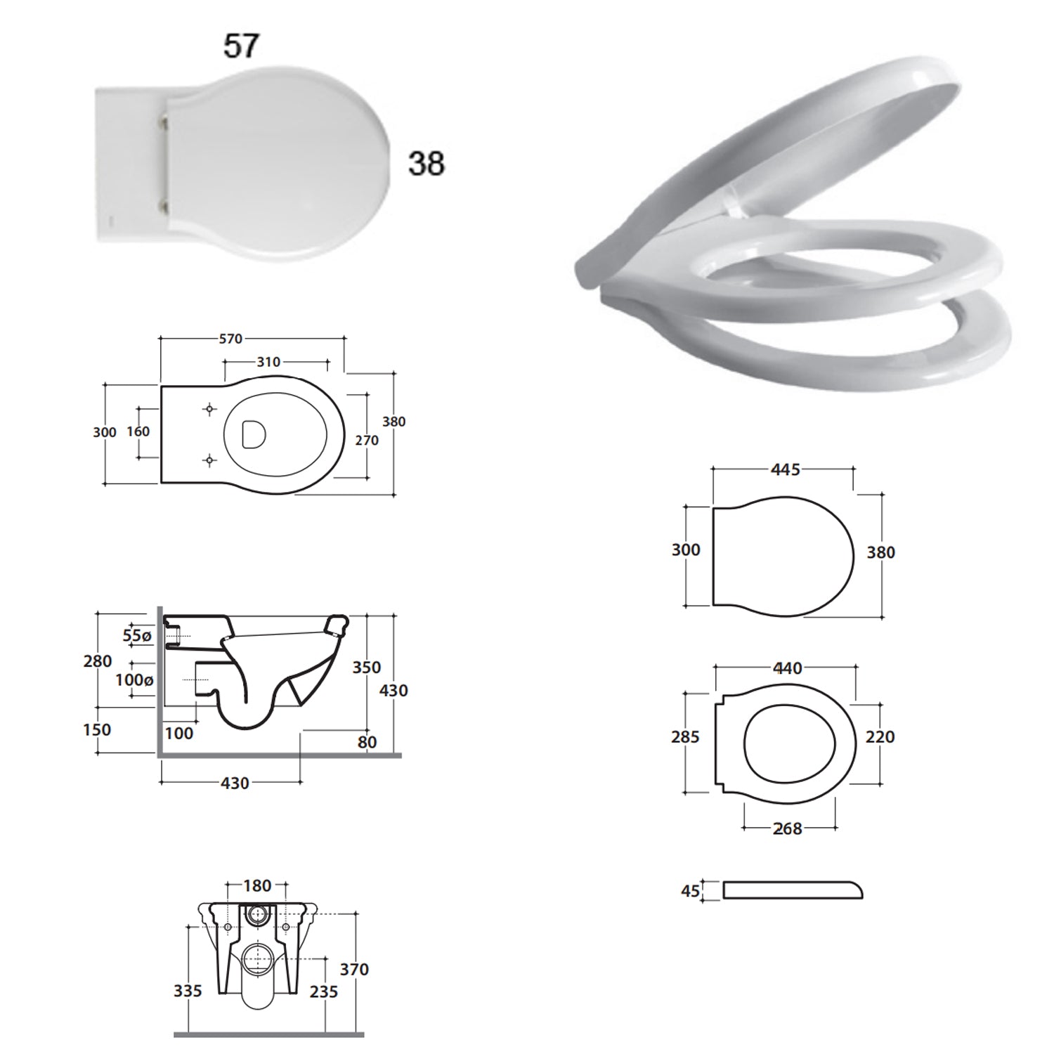Vaso sospeso in ceramica con sedile in duroplast a chiusura soft close modello Paestum di Ceramica Globo cm 57x38