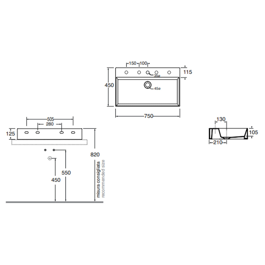 Lavabo da appoggio squadrato Ceramica Azzurra Elegance 75x45 cm