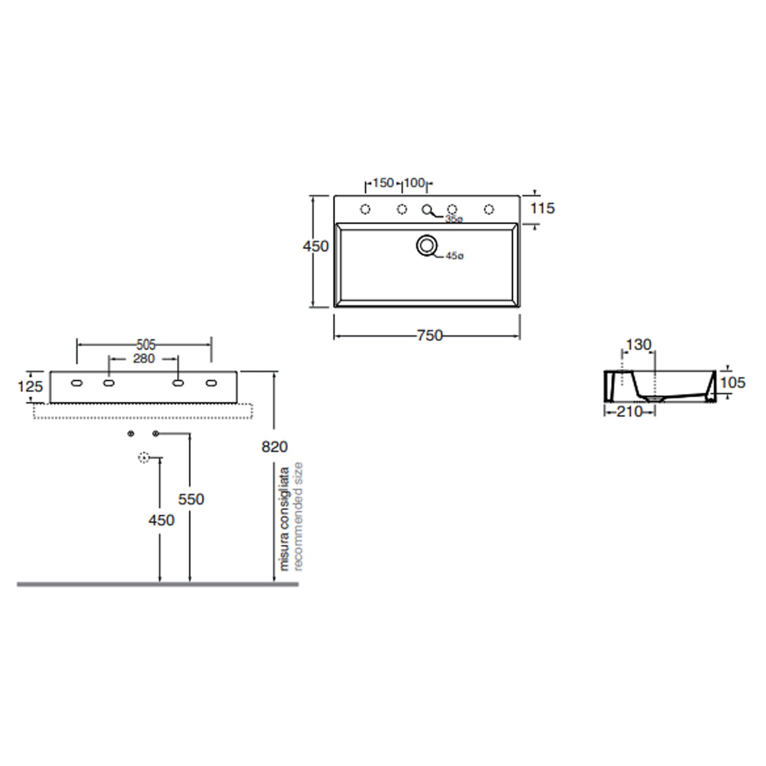 Lavabo da appoggio squadrato Ceramica Azzurra Elegance 75x45 cm