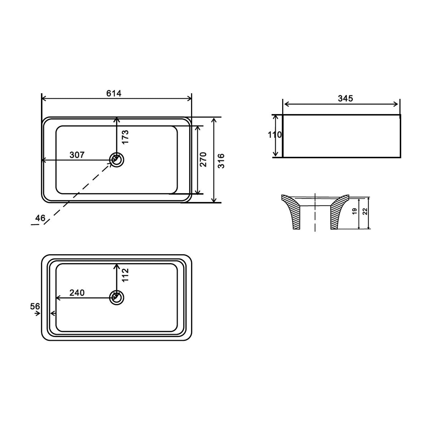 Lavabo da appoggio quadrato BathCore senza troppo pieno e piletta 62x32 cm - Nero Opaco