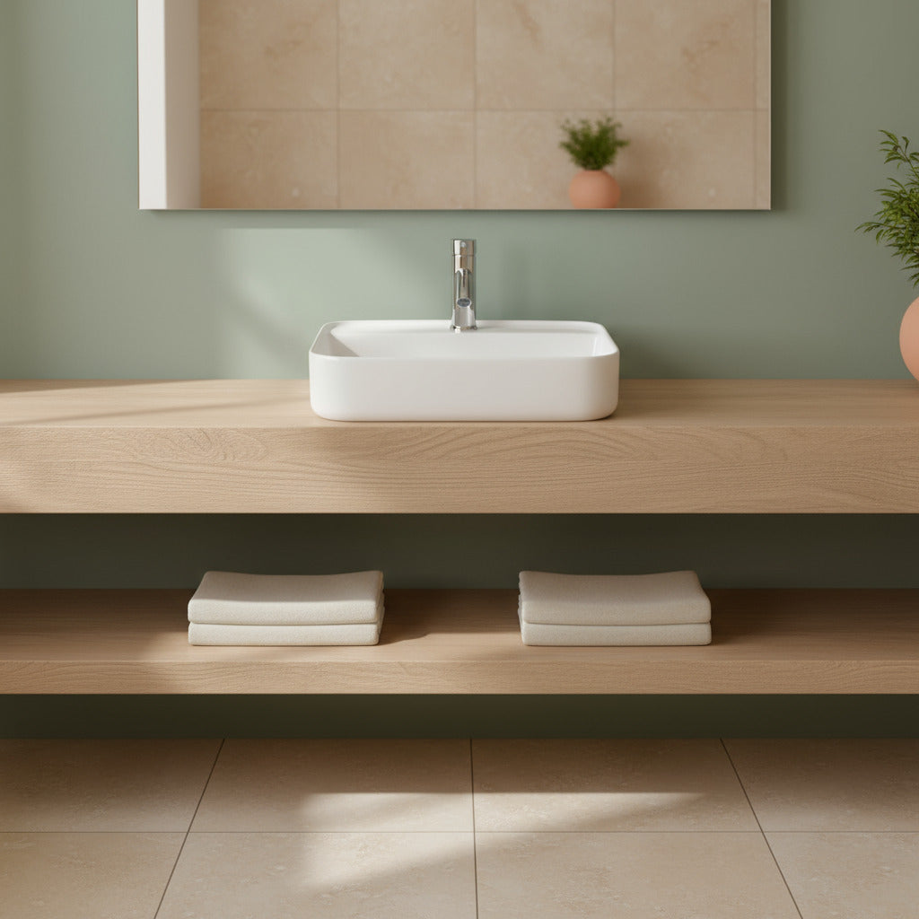 Lavabo monoforo d'appoggio bianco opaco 50x40x13.5 in ceramica BathCore linea Luma