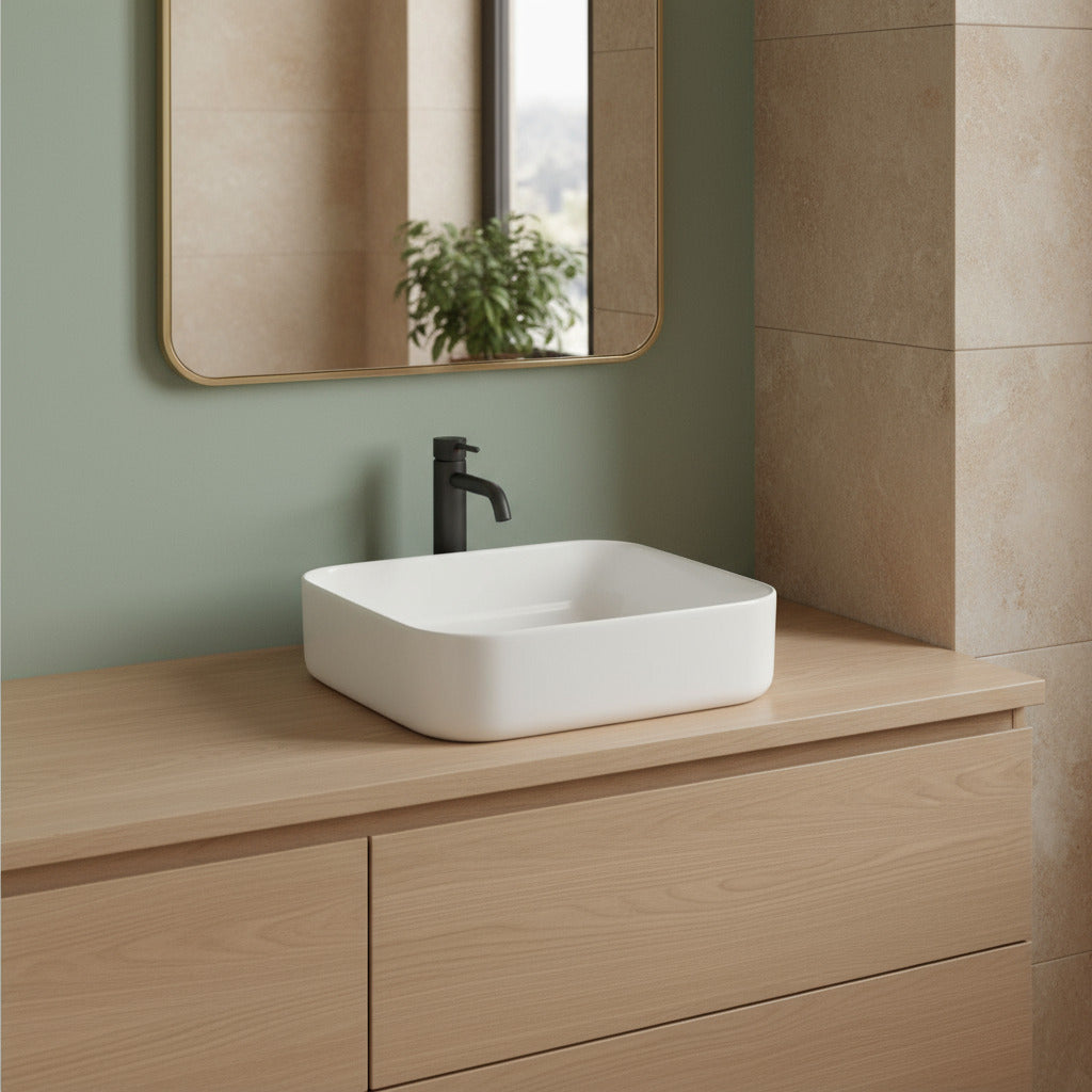 Lavabo d'appoggio bianco opaco 39x39x12cm in ceramica BathCore linea Luma
