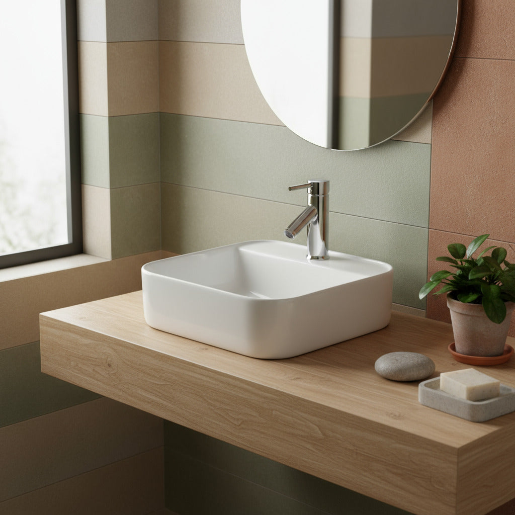 Lavabo monoforo d'appoggio bianco opaco 39x39x14cm in ceramica BathCore linea Luma