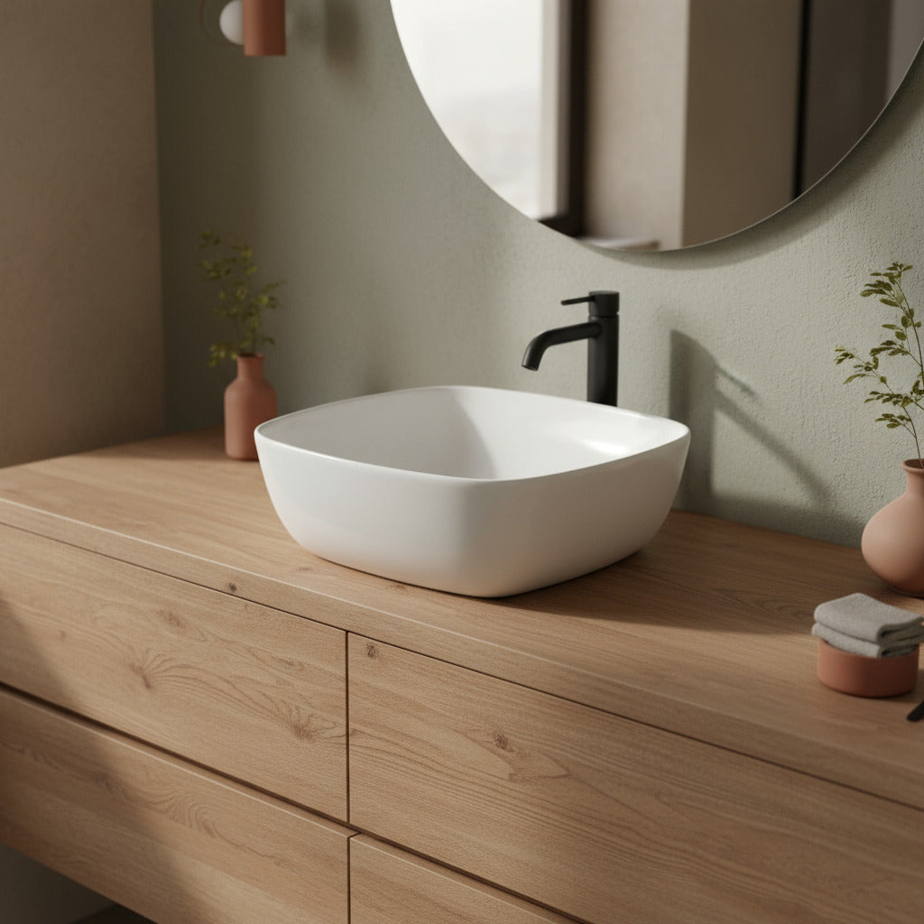 Lavabo d'appoggio bianco opaco 41x41x14cm in ceramica BathCore linea Luma