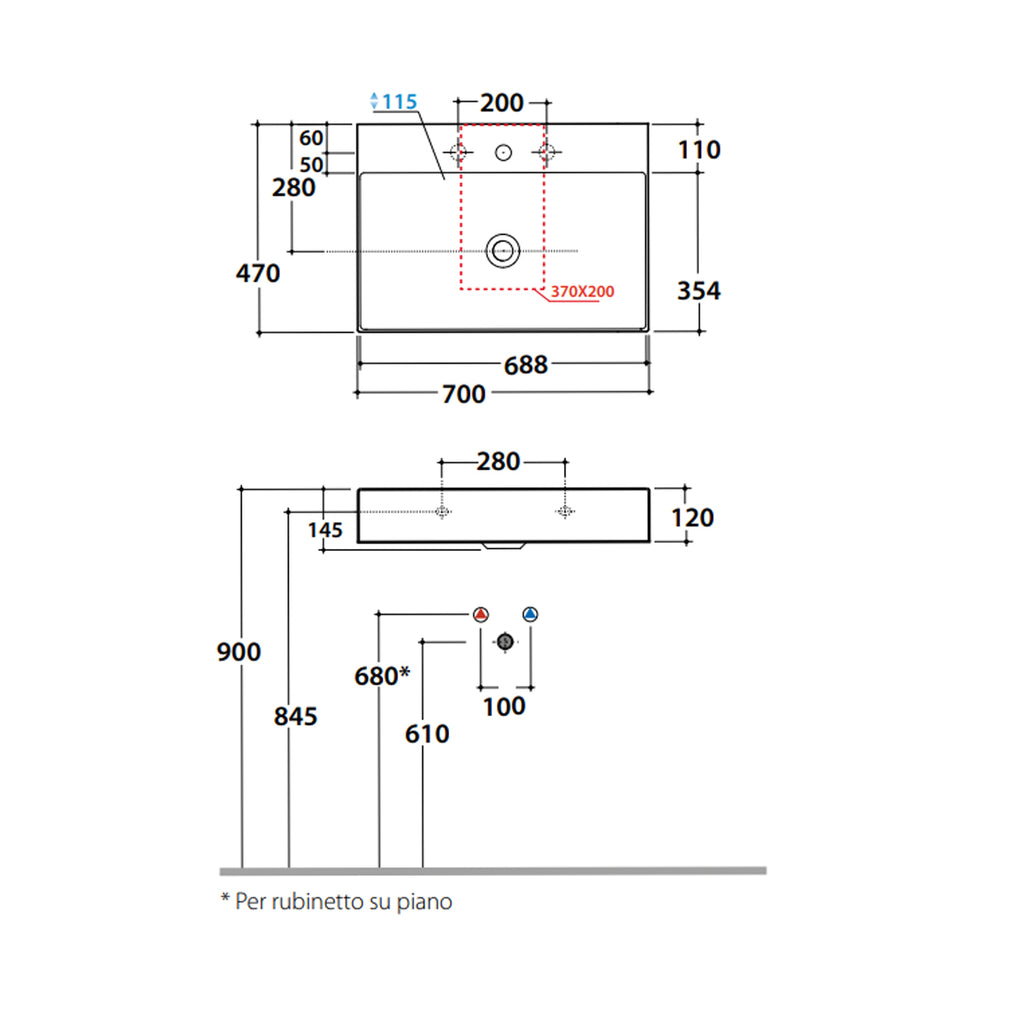 Lavabo rettangolare T-Edge 70x47x12 cm Ceramica Globo â€“ Bianco lucido