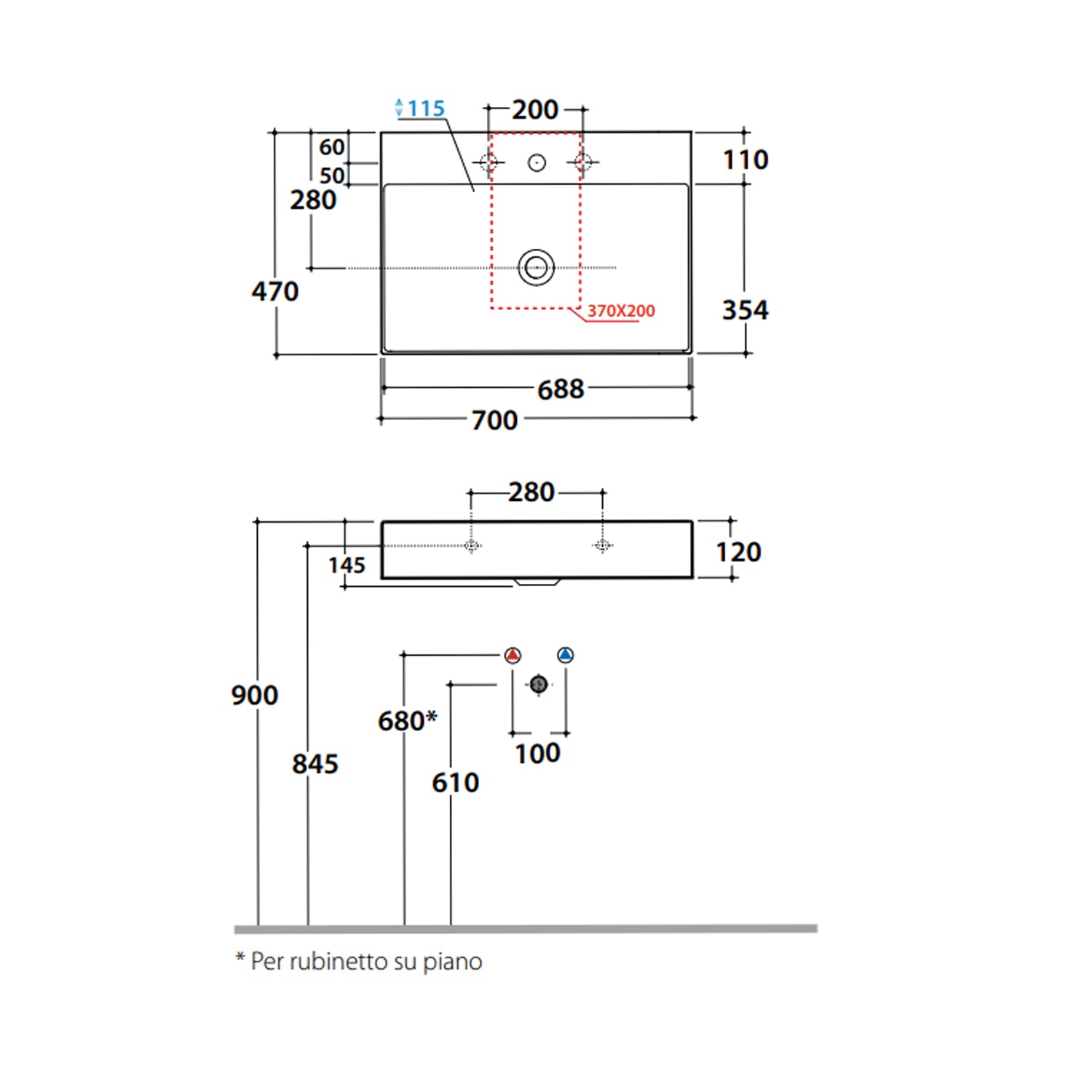 Lavabo rettangolare T-Edge 70x47x12 cm Ceramica Globo â€“ Bianco lucido