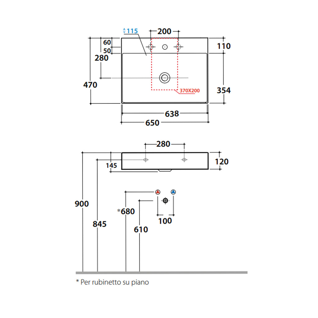 Lavabo rettangolare T-Edge 65x47x12 cm Ceramica Globo â€“ Bianco lucido
