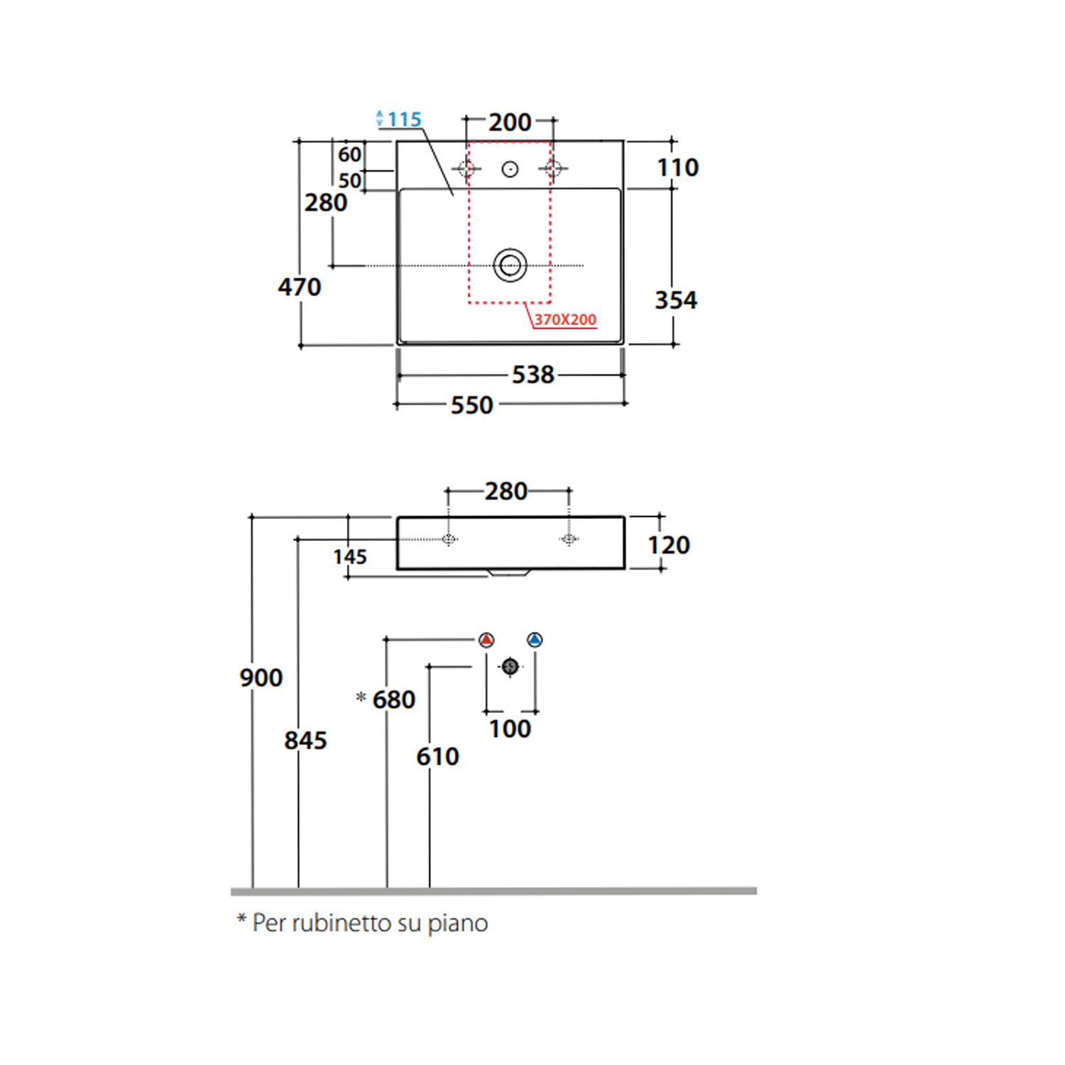 Lavabo rettangolare T-Edge 55x47x12 cm Ceramica Globo â€“ Bianco lucido