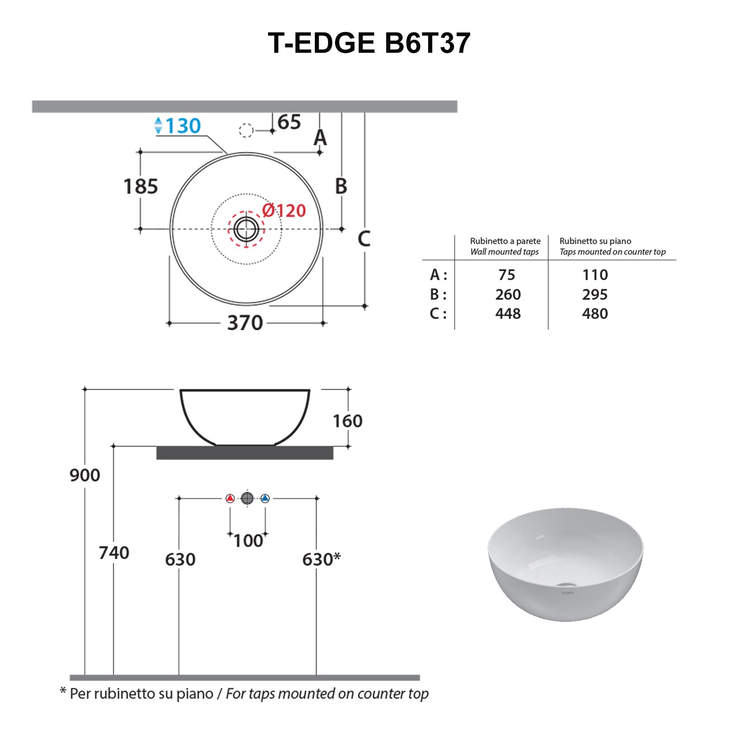 Lavabo da appoggio nero opaco Ceramica Globo T-Edge Ã˜ 37 h.16 cm
