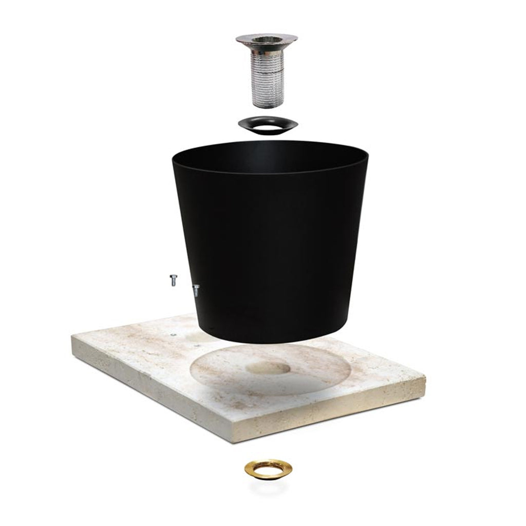 Base in travertino con secchio in alluminio verniciato nero e piletta per fontane Fasten-Frog-Newest-Bridge-Connect
