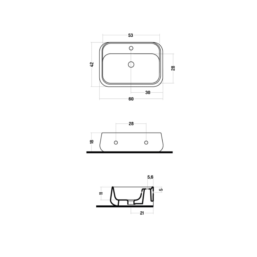 Lavabo da appoggio o sospeso 60cm in ceramica bianca lucida serie Catino Disegno-Ceramica - senza foro per rubinetto