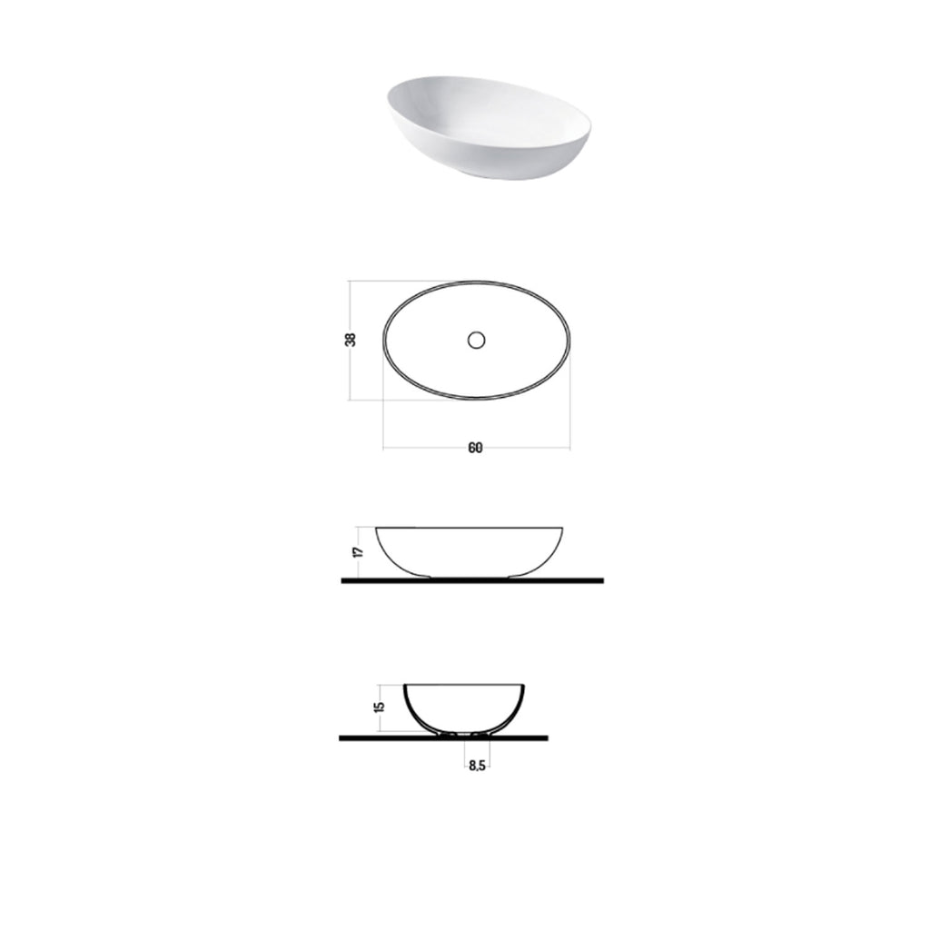 Lavabo da appoggio dalla forma ovale 60cm di larghezza in ceramica bianca lucida serie Slim Disegno-Ceramica