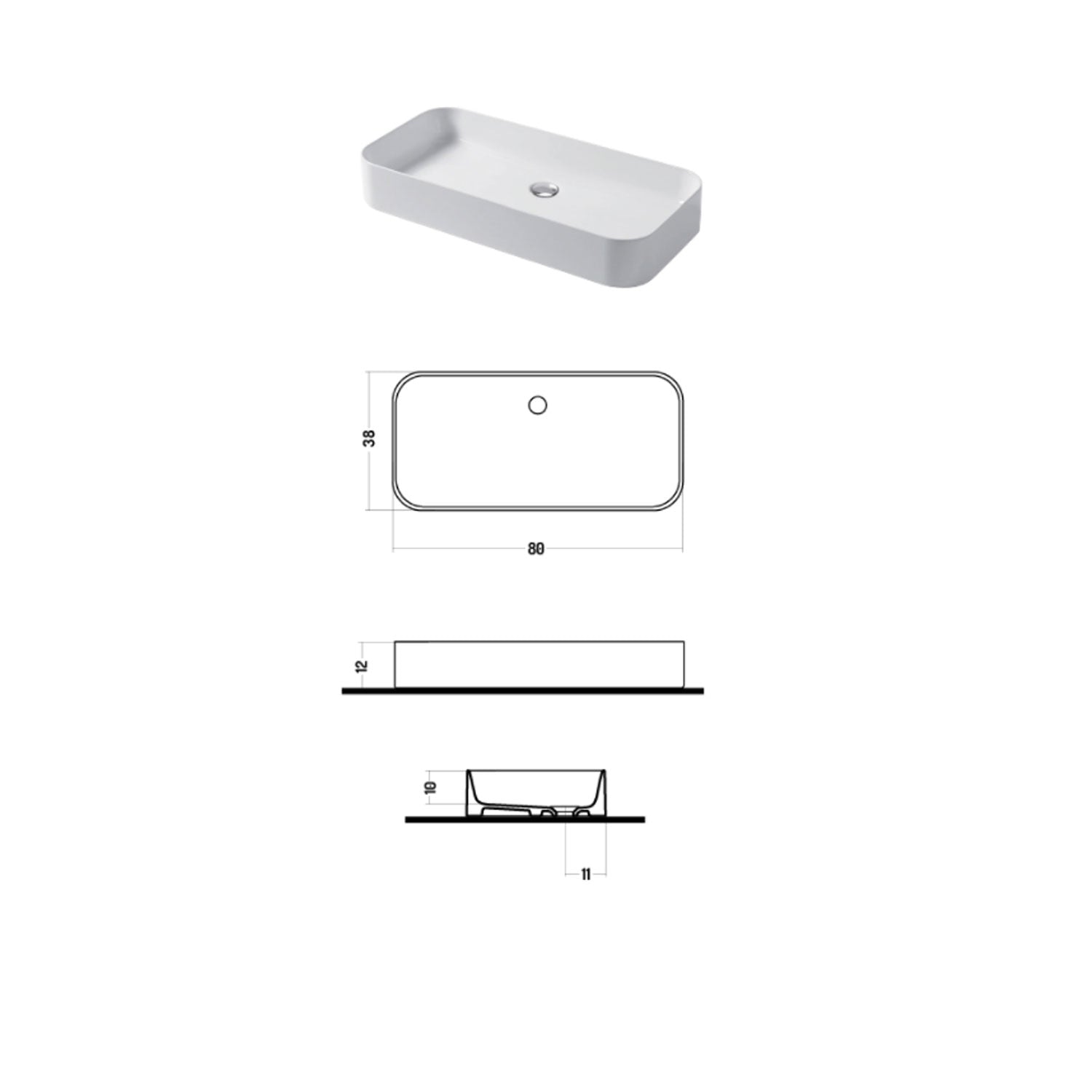 Lavabo da appoggio rettangolare 80x38cm in ceramica bianca lucida serie Slim Disegno-Ceramica