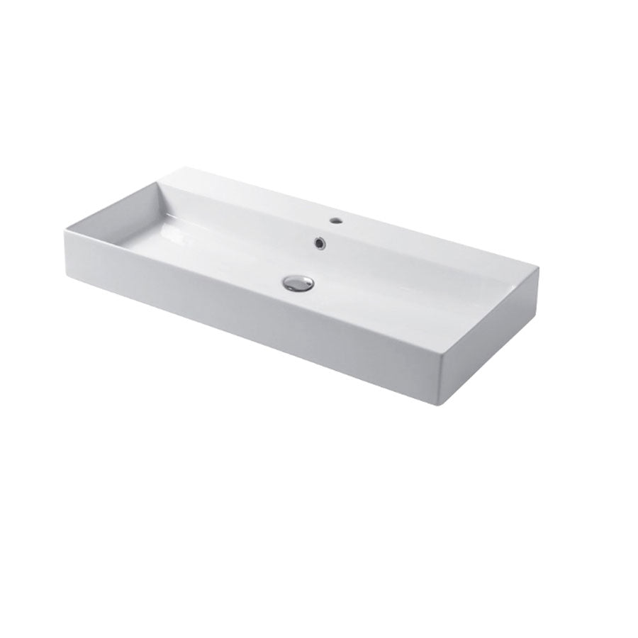 Lavabo rettangolare da appoggio o sospeso in ceramica bianca lucida 100x40 cm con foro per rubinetto Disegno-Ceramica