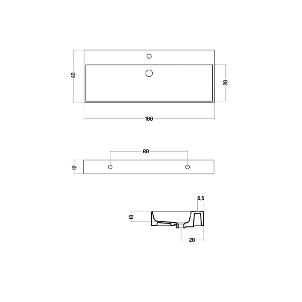 Lavabo rettangolare da appoggio o sospeso in ceramica bianca lucida 100x40 cm con foro per rubinetto Disegno-Ceramica