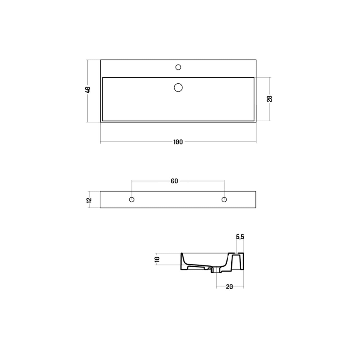 Lavabo rettangolare da appoggio o sospeso in ceramica bianca lucida 100x40 cm con foro per rubinetto Disegno-Ceramica