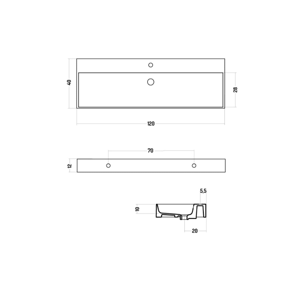 Lavabo rettangolare da appoggio o sospeso in ceramica bianca lucida 120x40 cm con foro per rubinetto Disegno-Ceramica