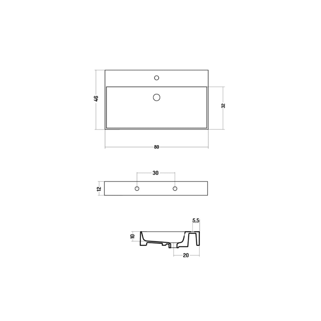 Lavabo rettangolare da appoggio o sospeso in ceramica bianca lucida 80x46 cm con foro per rubinetto Disegno-Ceramica