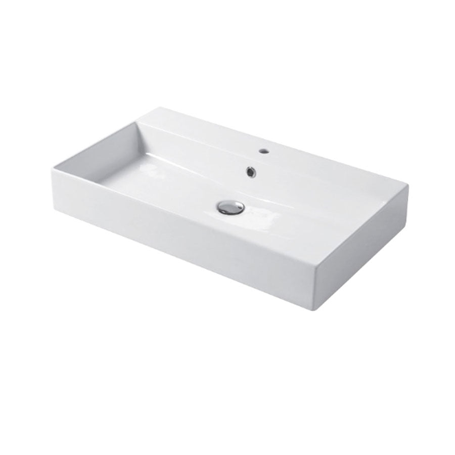Lavabo rettangolare da appoggio o sospeso in ceramica bianca lucida 80x46 cm con foro per rubinetto Disegno-Ceramica