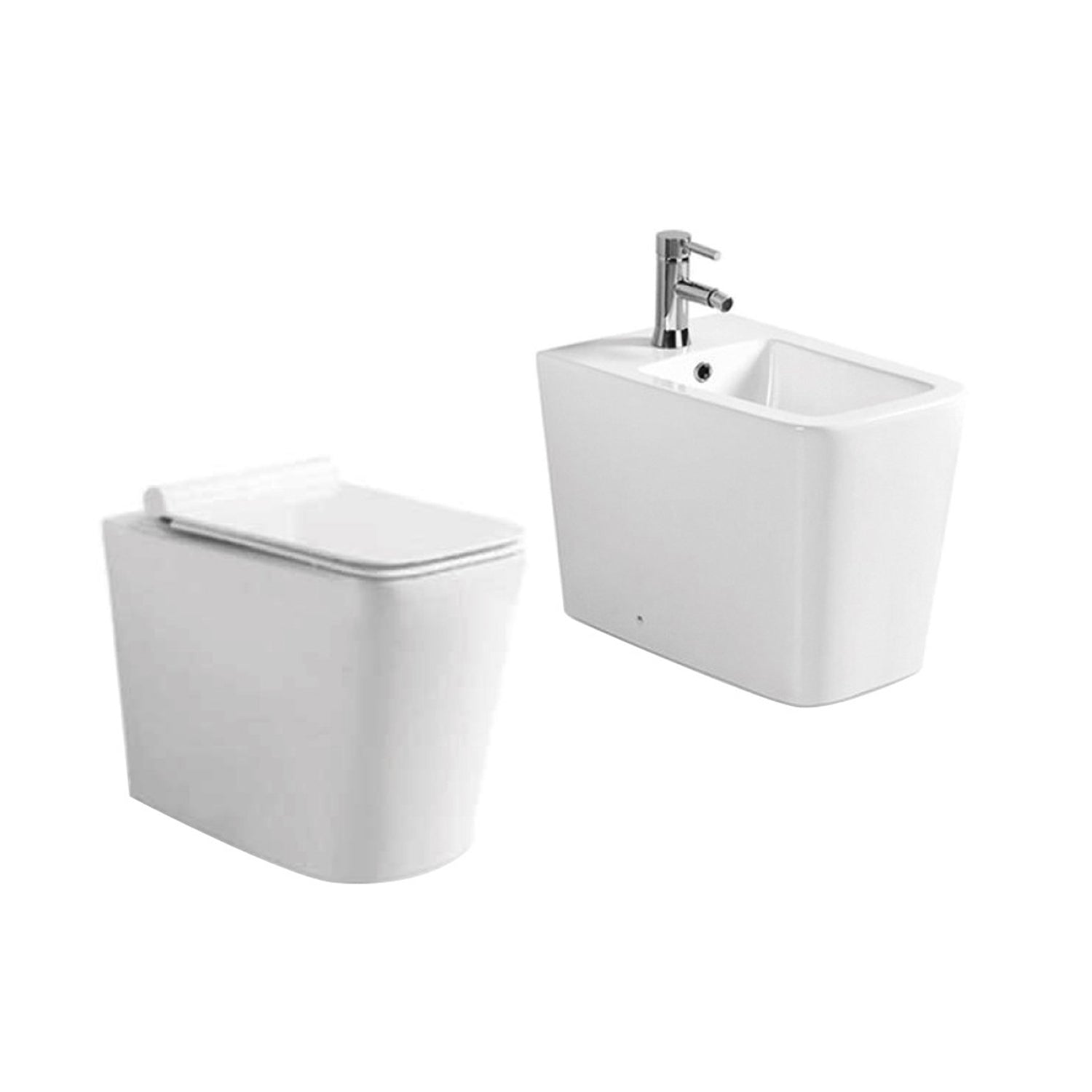 Coppia sanitari a terra filomuro con copriwater incluso BathCore serie Evo