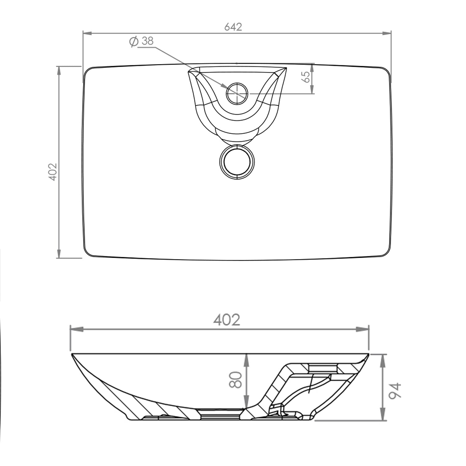 Lavabo d'appoggio in ceramica bianca senza troppo pieno con foro rubinetto Linpha Sanitary cm 64x40