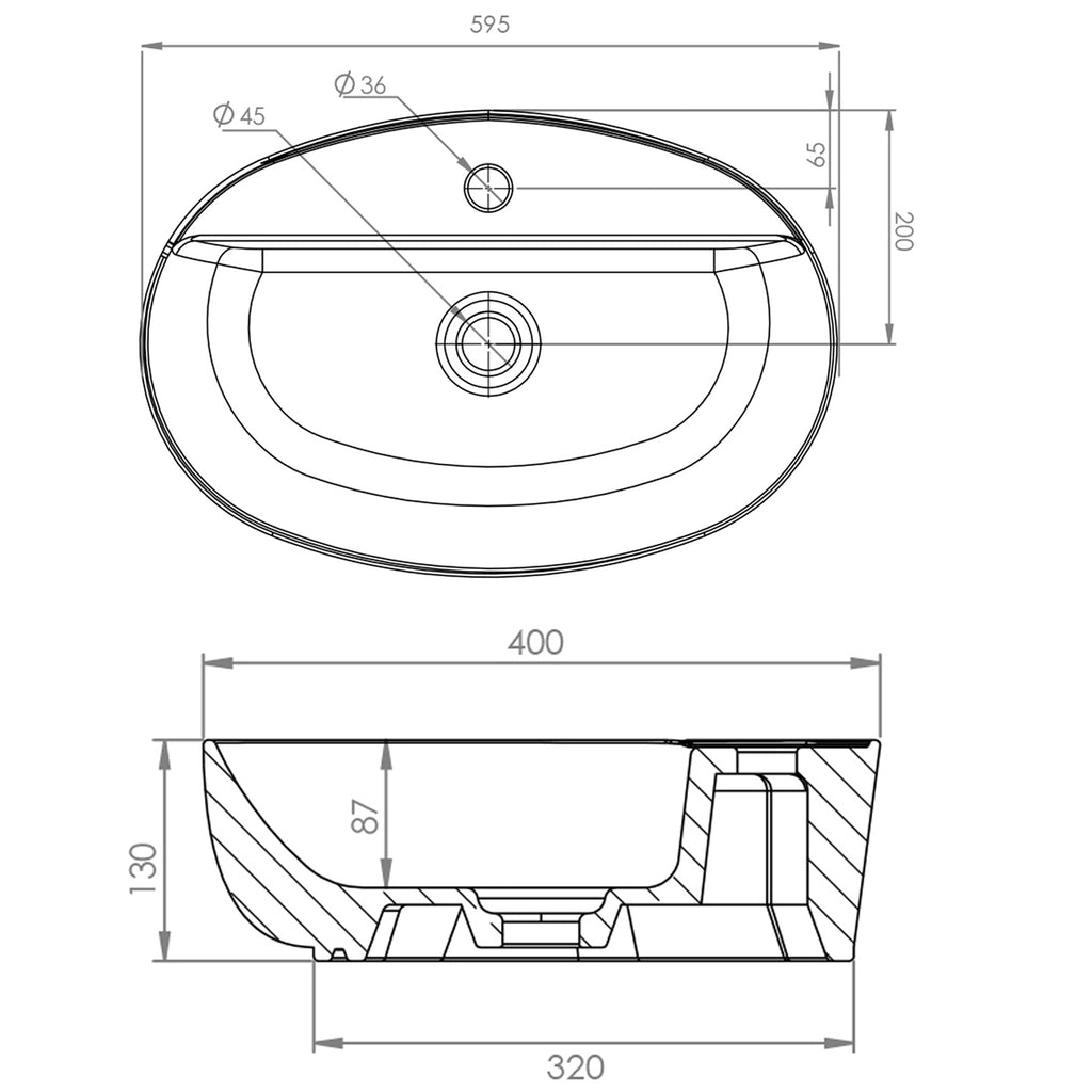 Lavabo d'appoggio ovale senza troppo pieno con foro rubinetto Linpha Sanitary cm 60x40
