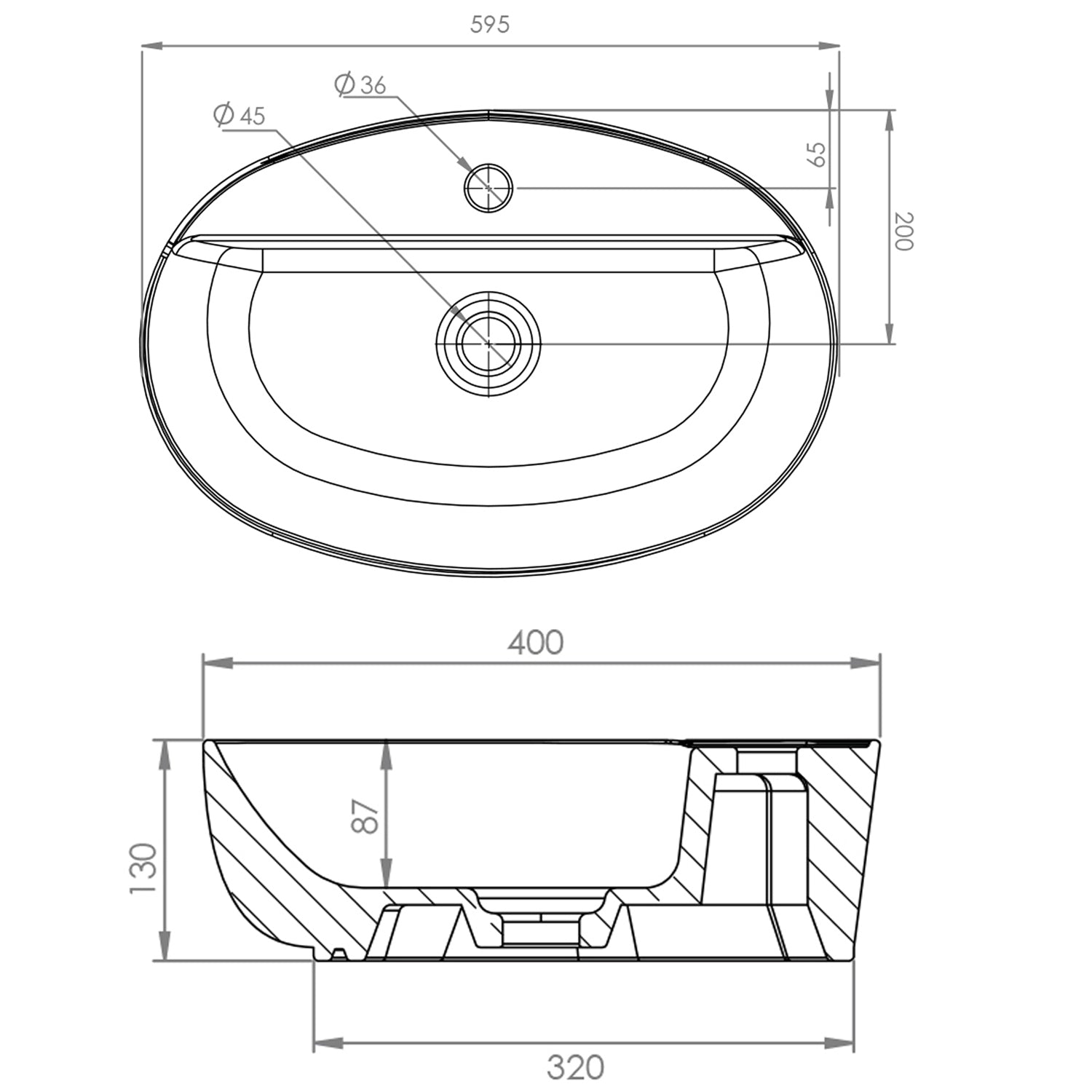 Lavabo d'appoggio ovale senza troppo pieno con foro rubinetto Linpha Sanitary cm 60x40