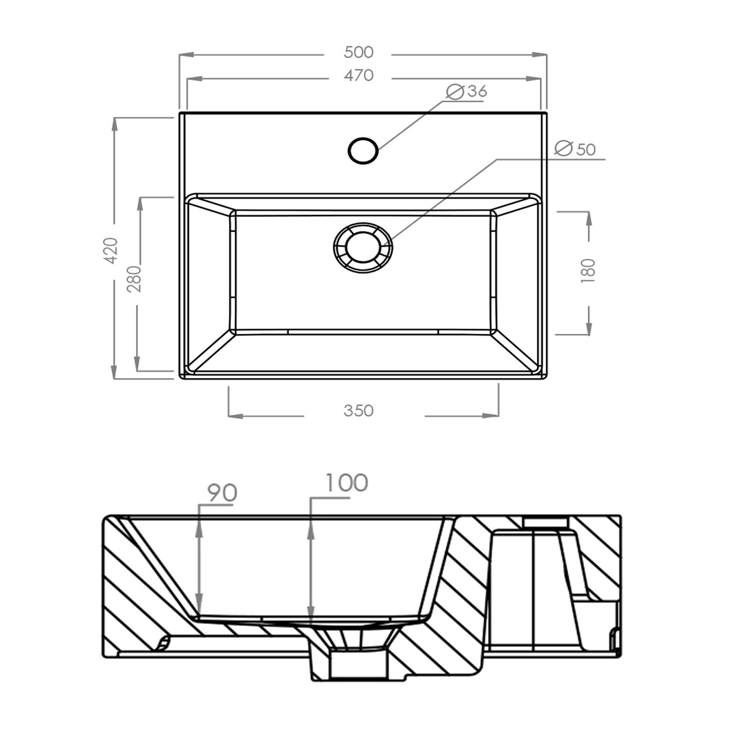 Lavabo d'appoggio rettangolare in ceramica con foro rubinetto Linpha Sanitary cm 50x42