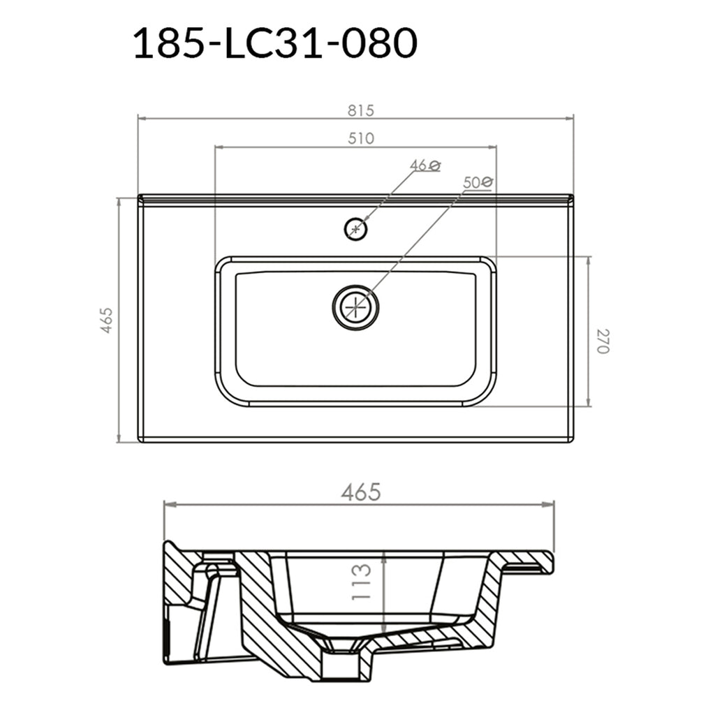Lavabo consolle semincasso con troppo pieno e foro rubinetto cm 81x46
