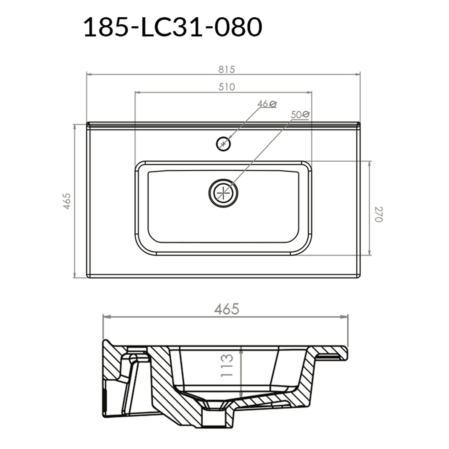 Lavabo consolle semincasso con troppo pieno e foro rubinetto cm 81x46