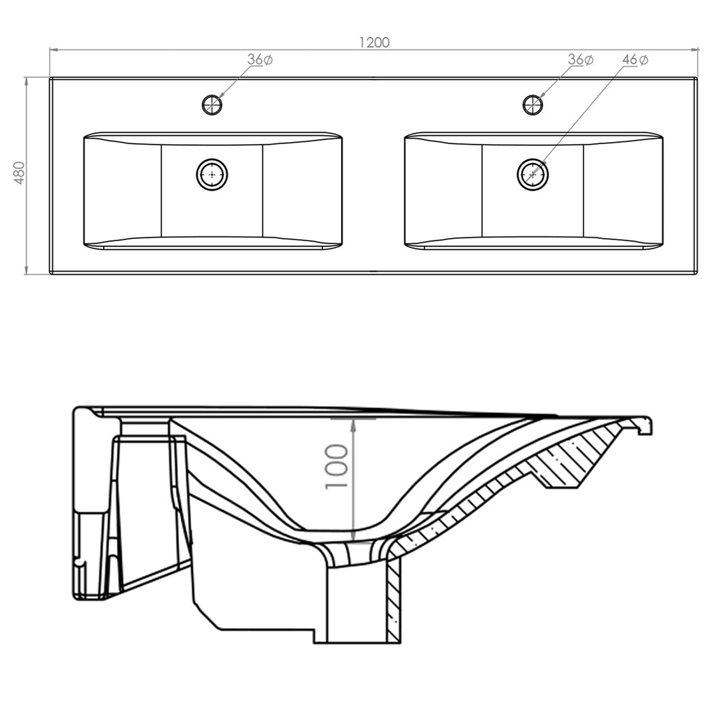 Consolle doppio lavabo semincasso con troppo pieno e fori rubinetti cm 120x48