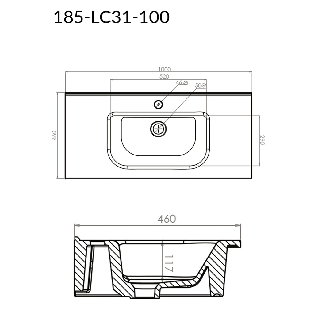 Lavabo consolle semincasso con troppo pieno e foro rubinetto cm 100x46