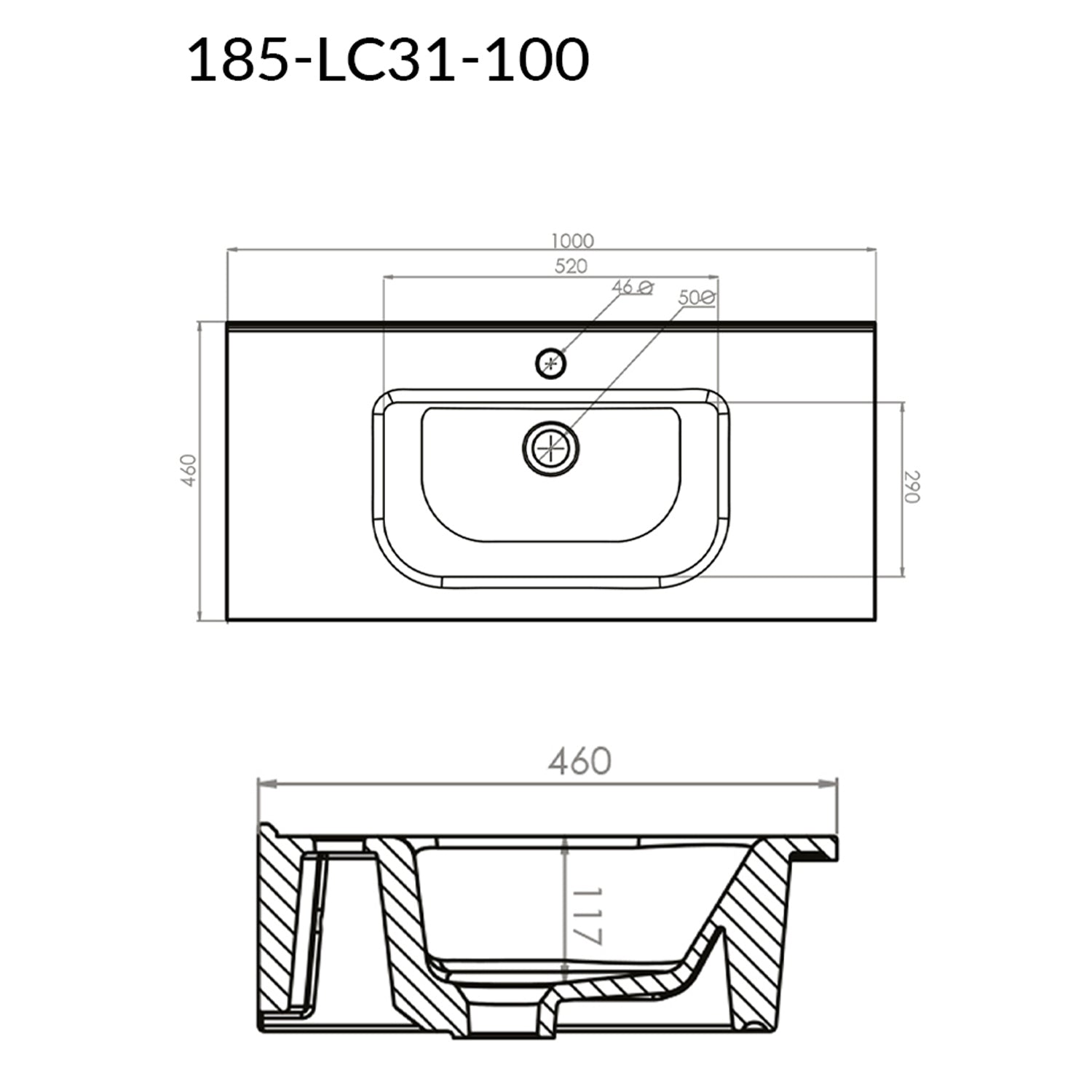 Lavabo consolle semincasso con troppo pieno e foro rubinetto cm 100x46